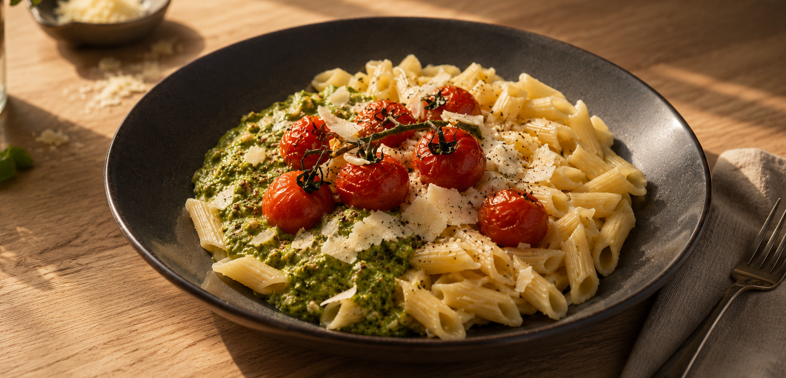 ‘Pasta pesto’ met cottagecheese van Veggilaine